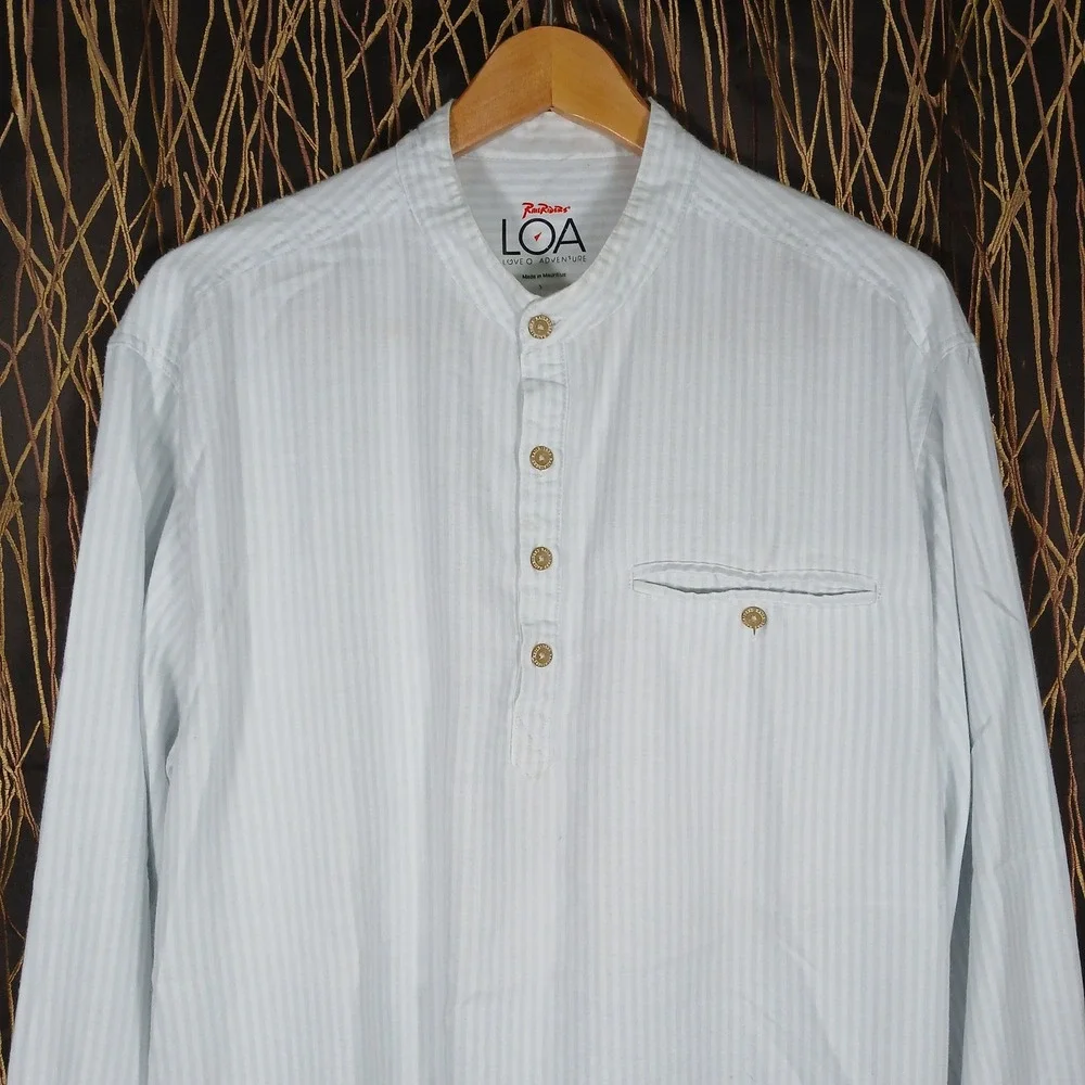 RailRiders LOA Henley Shirt Mens XL Blue White Stripe Band Collar RR-SPS